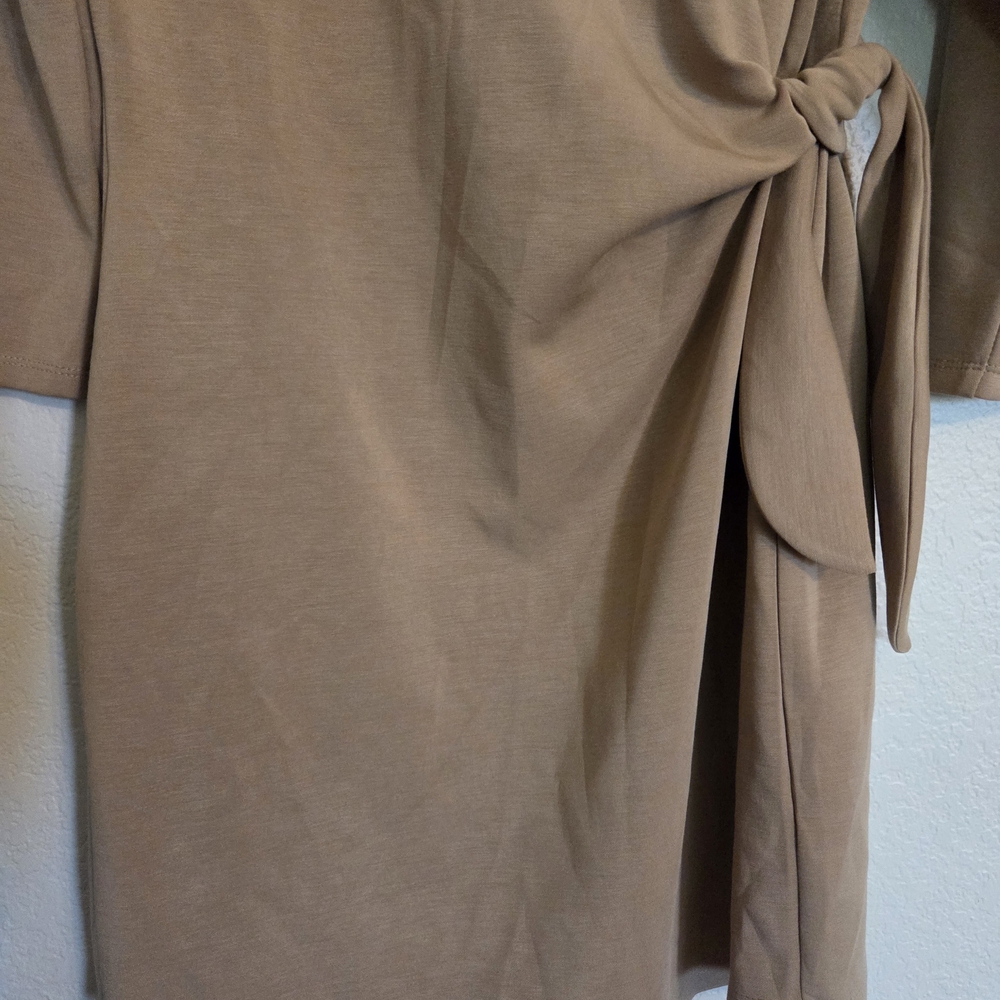 Cable & Gauge Tan Sheath Dress with Tie Front 3/4 Sleeves - Picture 7 of 9